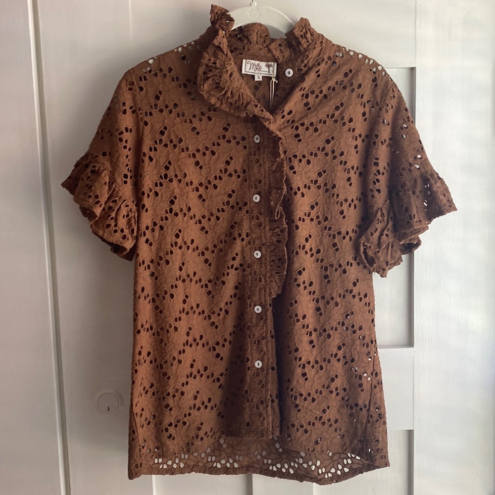 NWT MILLE Vanessa Brown Floral Crochet Top size small